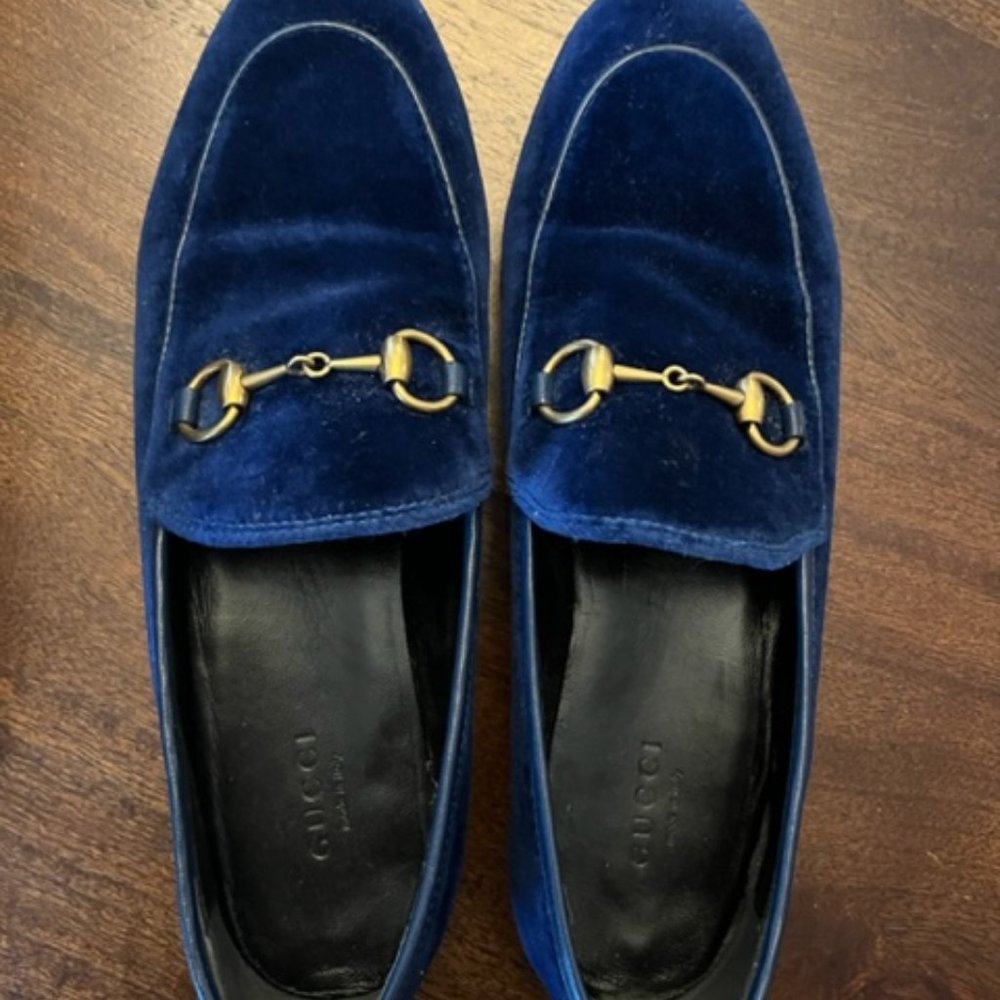 GUCCI Blue Velvet Horsebit Womens Jordaan Loafers with Dust Bags and Box